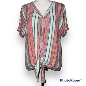 Another Reason size large women’s shirt striped v-neck knit tie button front